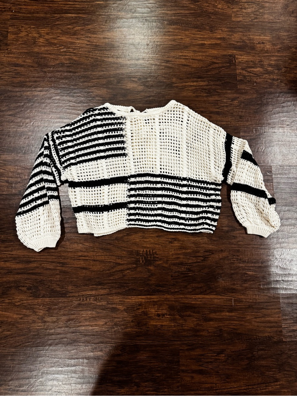 Blu Pepper Black & White Cropped Open-Weave Pullover